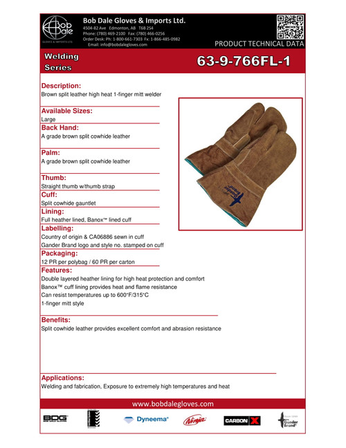 Split Cowhide Weld Mitt One Finger Heather/Banox® FR Lined Brown  63-9-766FL-1
