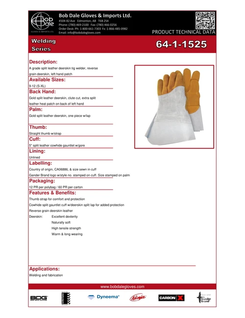 Grain Deerskin Tig Weld Glove w/5" Split Cowhide Gauntlet & Left Hand Heat Shield  64-1-1525