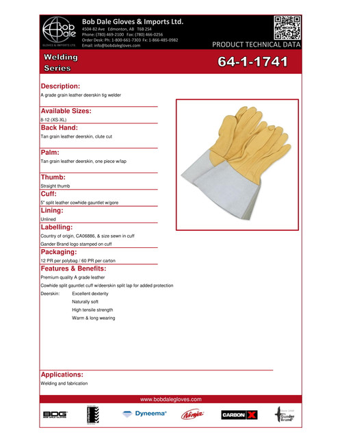 Grain Deerskin Tig Weld Glove w/5" Split Cowhide Gauntlet  64-1-1741