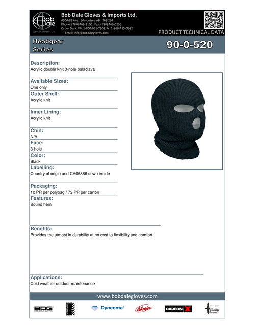 Balaclava Three Hole Black Acrylic  90-0-520