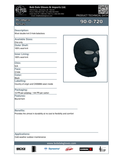 Balaclava Three Hole Black Wool  90-0-720