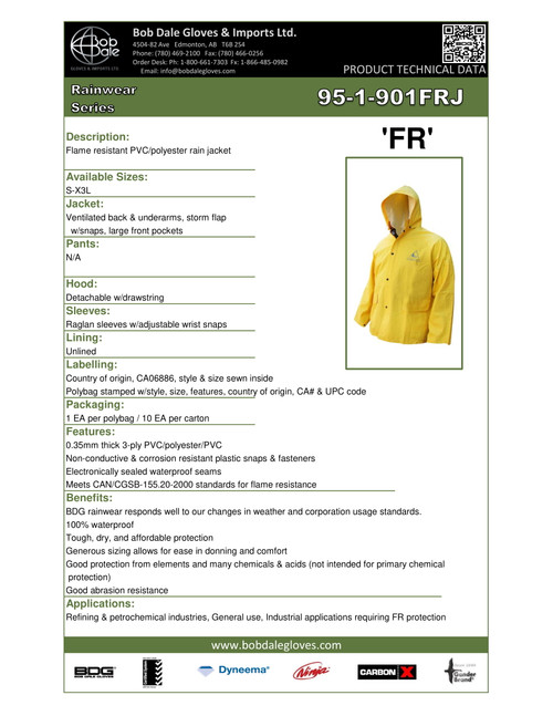 PVC/Polyester FR Waist Length Rain Jacket w/Hood  95-1-901FRJ