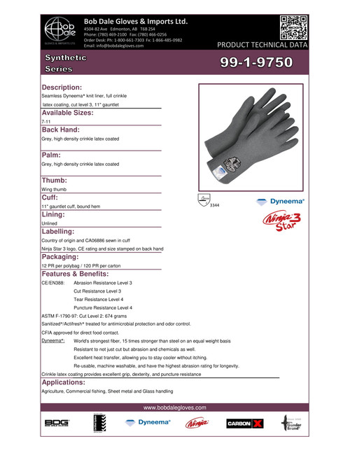 Ninja® Star Full Crinkle Latex Coated Dyneema® Knit 11" Gauntlet Cut-Rez Grey  99-1-9750