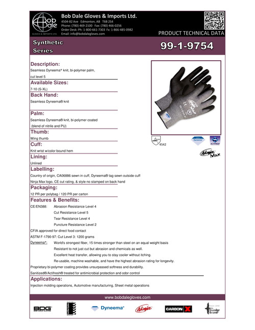 Ninja® Max+ Bi-Polymer Coated Dyneema® Cut-Rez Glove Grey/Black  99-1-9754