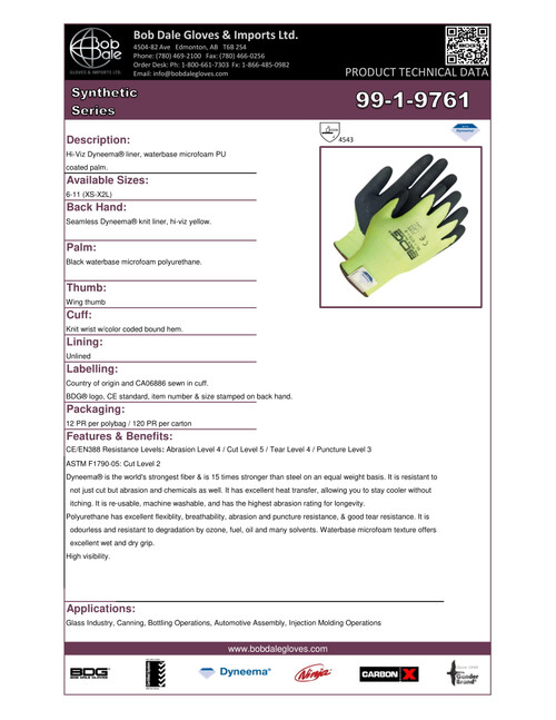 BDG® Polyurethane Coated Dyneema® Knit Cut-Rez Glove Hi-Viz Yellow  99-1-9761