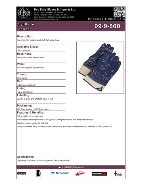 Winter Nitrile Foam Dipped Foam Lined Glove Blue w/White Safety Cuff  99-9-800