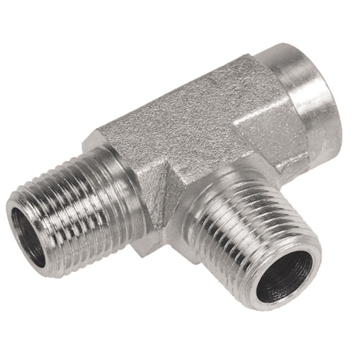 1/4 x 1/4 x 1/4" Steel Male NPT - Male NPT - Female NPT Tee  16T86-04-04