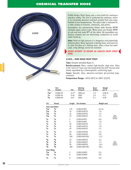 3/16 x 1/4" x 10' One Wire Braid Paint Spray Hose Assembly   G1850-03FF10