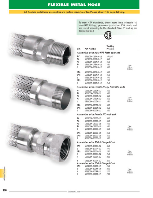 1/4 x 1/4" x 12" Stainless Steel Hose Assembly CSA w/ Male Plain NPT Ends   G521CSA-025MM-12
