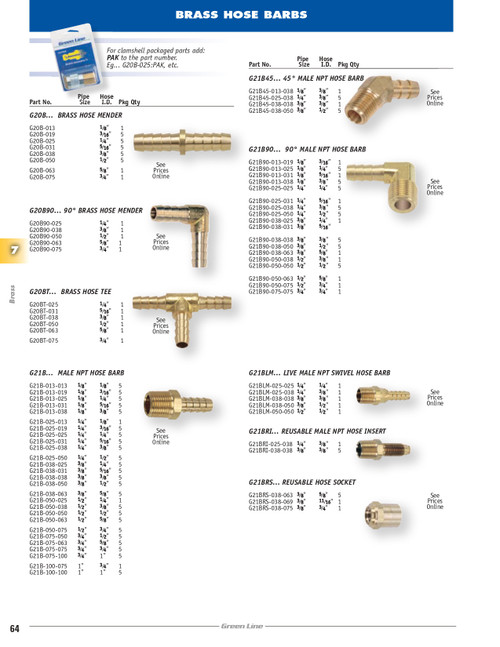 1/4 x 3/8" Brass Hose Barb - Male NPT Coupler   G21B-038-025