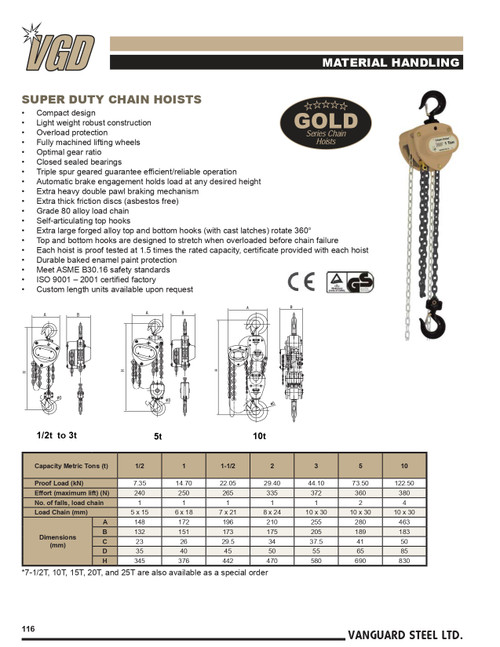 1T @ w/o Lift Super Duty VCHP Series Chain Hoist   3850 0010E