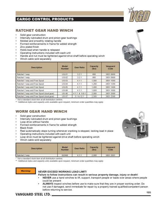 Hand Winch - 1,200 lbs   3851 1200