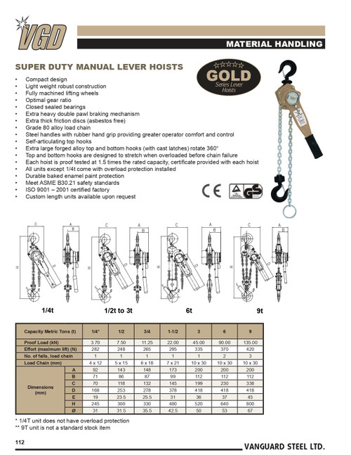 3/4T @ 5' Lift Super Duty VLHP Series Lever Chain Hoist   3855 0507E