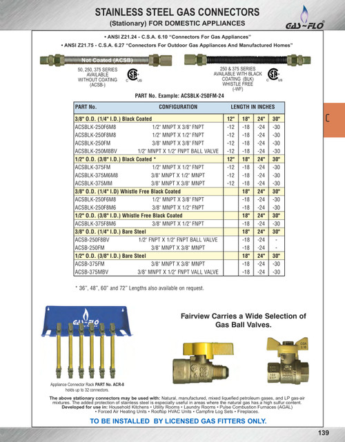 1/2 x 18" Female NPT - Male NPT Stainless Steel Natural Gas Hose Assembly  ACSB-375FM-18