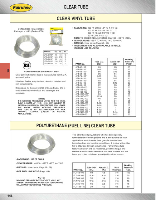 1/4" x 1/8" x 100' Clear Polyurethane Fuel Line Tube  FLT-42-100