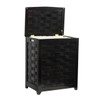 Oceanstar Mahogany Finished Rectangular Veneer Laundry Wood Hamper with Interior Bag, black woven design and open lid showing cream interior.