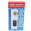 Home Security 2 In 1 Personal and Door Alarm, blue and silver device in packaging, showing door knob attachment and activation button clearly.