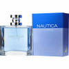 Nautica Voyage Eau De Toilette Spray 3.4 oz bottle and box, clear glass, silver cap, blue packaging, Nautica logo visible.