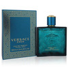 Versace Eros Eau De Parfum Spray 3.4 oz, blue Versace bottle and box with gold accents, Versace branding.