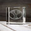 BYU Cougars Crystal Cube with engraved logo and text, clear glass paperweight.