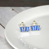 BYU Idaho Post Earrings, blue and gold, BYUI logo, earrings on a white plate.