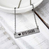 BYU Idaho Necklace Bar, silver chain, engraved rectangular pendant with heart and text, BYU-IDAHO.