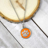 Clemson Tigers cutout necklace, silver chain, orange and silver paw print pendant, Clemson Tigers jewelry, collegiate accessory.