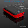 Red and black 10000mAh portable power bank with LCD display, dual USB ports, flashlight, Type C, Micro USB, and Lightning input ports.