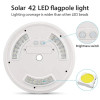 Solar 42 LED flagpole light with brightness switch and hook for outdoor waterproof landscape and camping use.