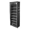 Black 10-layer shoe rack with 9-grid storage organizer in closet, multiple color options available, freestanding shelving unit for home storage solutions.