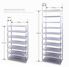 10 Layer 9 Grid Shoe Rack Shelf Storage Closet Organizer Cabinet in multiple colors with dimensions shown.