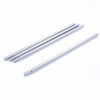 Five silver metal rods, four side by side and one separate, with smooth surface and rounded ends, for shelving unit or storage organizer.