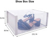 White foldable shoe box, 8-pack stackable clear shoe storage bins with shoe organizer, displaying size measurements and containing blue high heels.