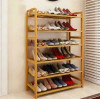 inQ Boutique 6 Tier Wood Bamboo Shelf Entryway Storage Shoe Rack in natural wood color.