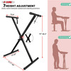 Black adjustable keyboard stand, X-style, for 54, 61, 76, 88 keys, with height adjustment settings for sitting and standing positions.