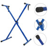 Blue adjustable X-style keyboard stand for 54, 61, 76, 88 keys, electric piano riser with black accents and adjustable height settings.