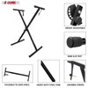 Black adjustable X-style keyboard stand for 54, 61, 76, 88 keys, heavy duty steel, non-slip feet, height adjustable, foldable piano riser.