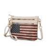 Alisson Vegan Leather Women Printed FLAG Crossbody with Wristlet Bag, beige color with American flag design and gold hardware details.