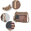Brown vegan leather crossbody bag with American flag print, gold hardware, and wristlet strap, Alisson brand, tan color, printed FLAG design.