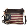 Alisson Vegan Leather Women Printed FLAG Crossbody with Wristlet Bag, American flag design, black vegan leather, gold hardware, and adjustable strap.