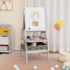 Gray 3-in-1 art easel for kids with magnetic chalkboard and whiteboard, featuring storage bins and a colorful child-friendly design for creative play.