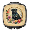 Black Pug and Flowers Compact Decorative Travel Makeup Mirror product image at NuMercy