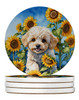 Maltipoo in Sunflowers Large Sandstone Absorbent Round Coasters Pack of 4 product image at NuMercy
