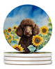 Chocolate Poodle in Sunflowers Large Sandstone Absorbent Round Coasters Pack of 4 DAC6140 product image at NuMercy