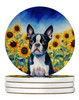 Boston Terrier in Sunflowers Large Sandstone Absorbent Round Coasters Pack of 4 product image at NuMercy