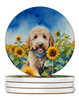 Goldendoodle in Sunflowers Large Sandstone Absorbent Round Coasters Pack of 4 product image at NuMercy