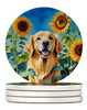 Golden Retriever in Sunflowers Large Sandstone Absorbent Round Coasters Pack of 4 product image at NuMercy