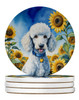 White Poodle in Sunflowers Large Sandstone Absorbent Round Coasters Pack of 4 DAC6142 product image at NuMercy