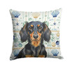 Longhaired Black and Tan Dachshund Coastal Sea Glass Throw Pillow 18" x 18" product image at NuMercy