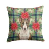 Brindle and White Bull Terrier Christmas Poinsettias Throw Pillow 18" x 18" product image at NuMercy